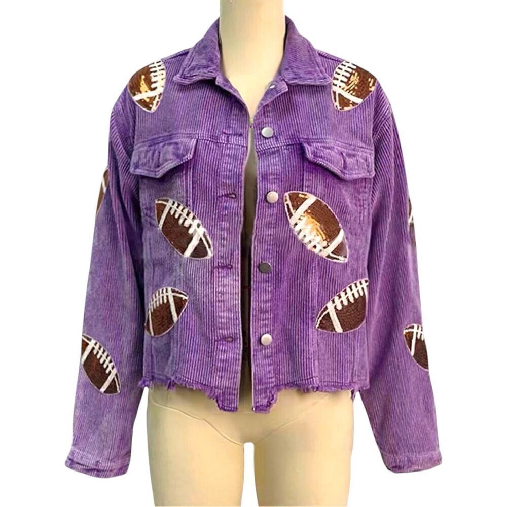 BiBi Purple Football Sequin Corduroy Jacket Gameday Raw Hem Shacket XL NEW - Picture 9 of 10